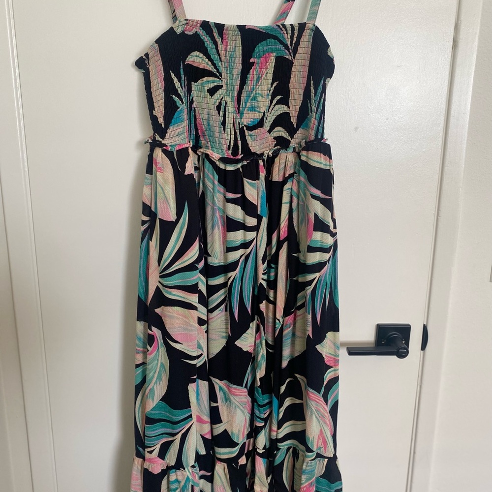 Torrid Black Rayon Smocked Tiered Maxi Dress with Tropical Accents
